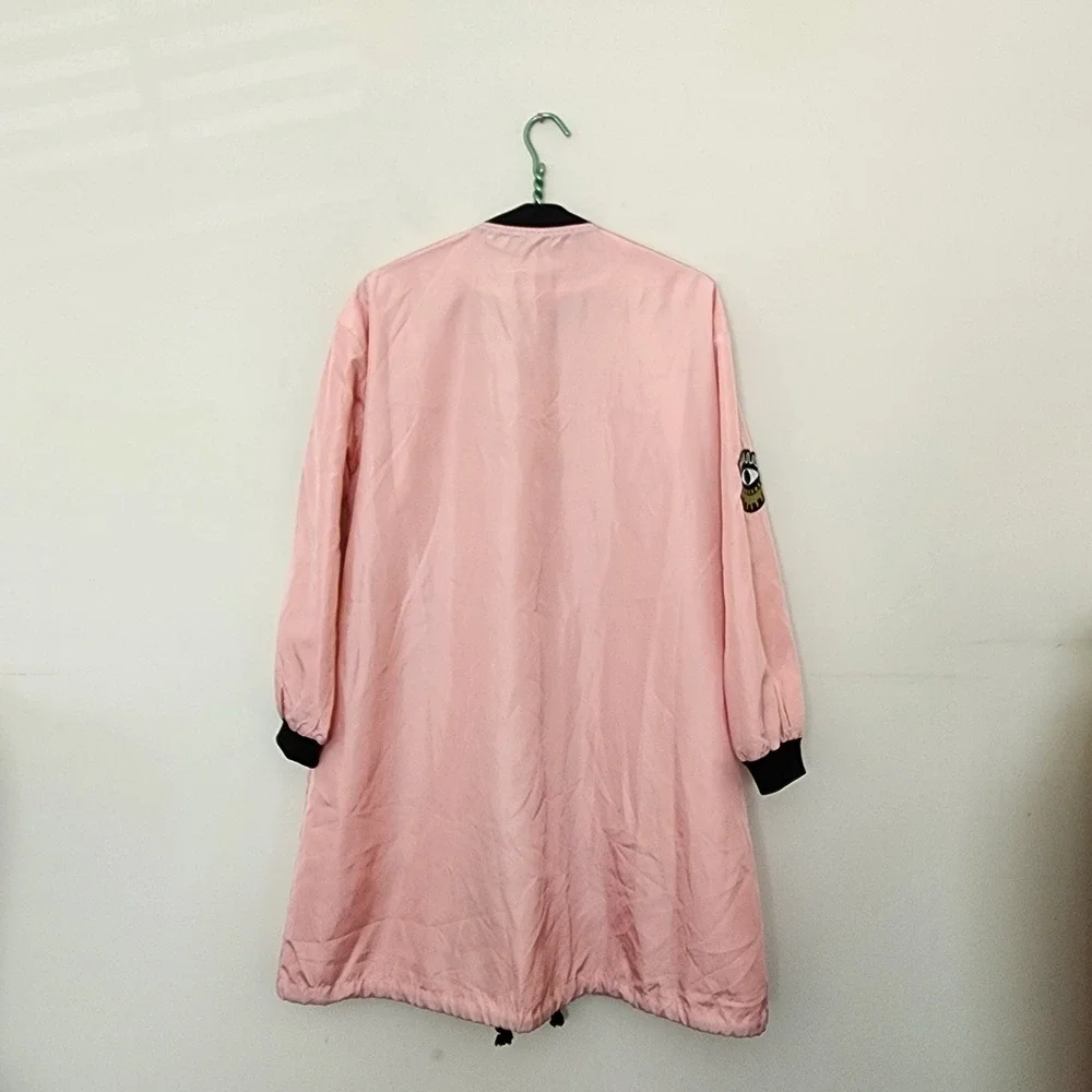 Y2K 36.5 Pink Longline Bomber Jacket with Patches Womens S Windbreaker Retro